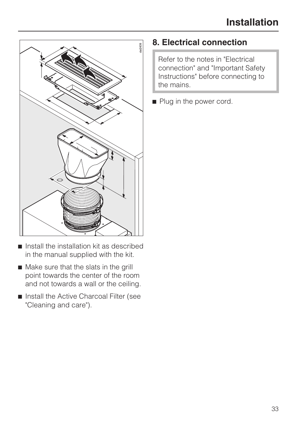 Electrical connection 33, Installation, Electrical connection | Miele DA 3180 EN User Manual | Page 33 / 40