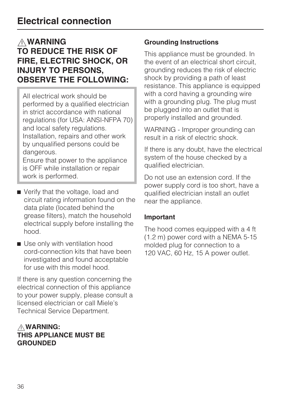 Electrical connection 36, Electrical connection | Miele DA 3180 EN User Manual | Page 36 / 40
