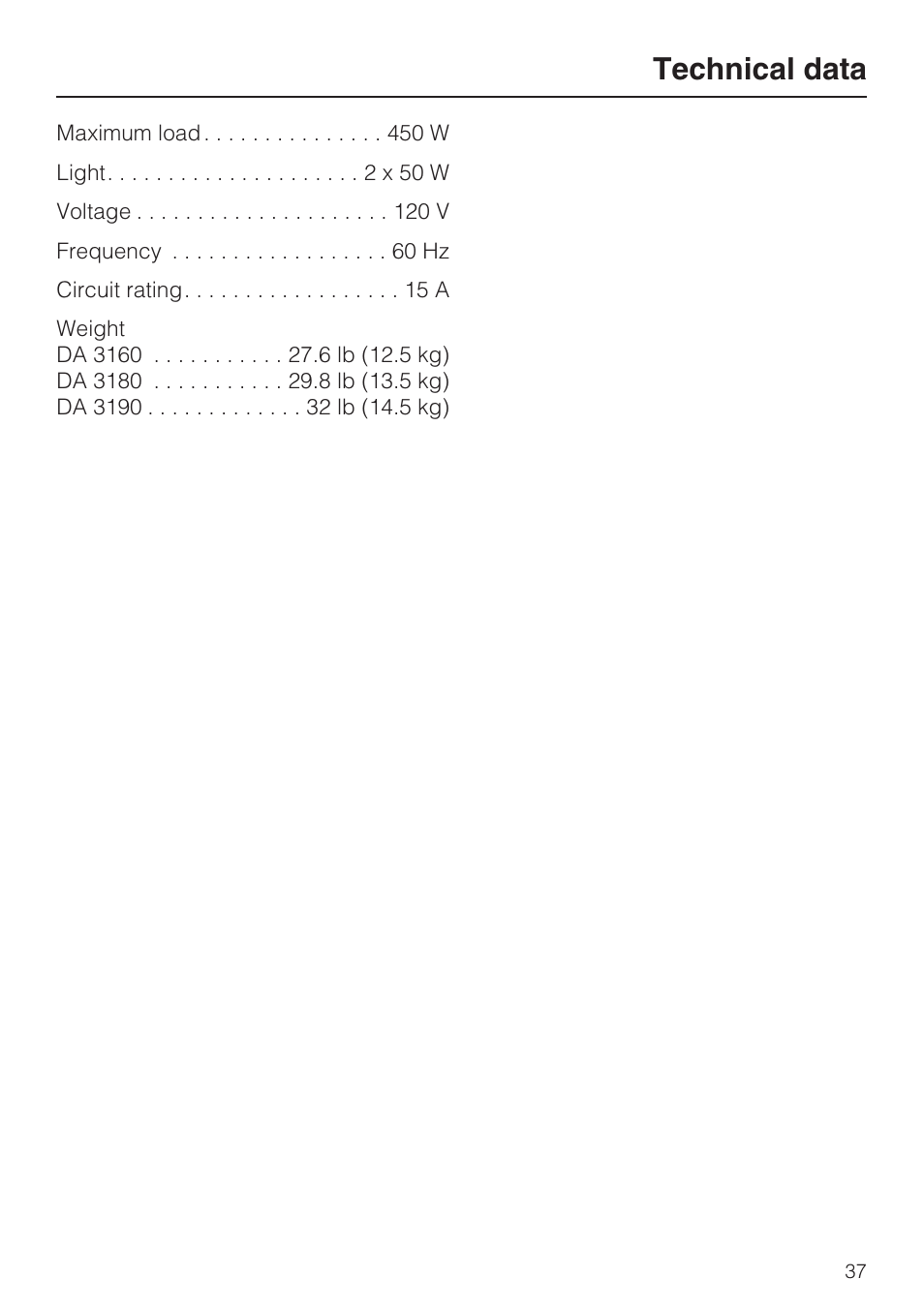 Technical data 37, Technical data | Miele DA 3180 EN User Manual | Page 37 / 40