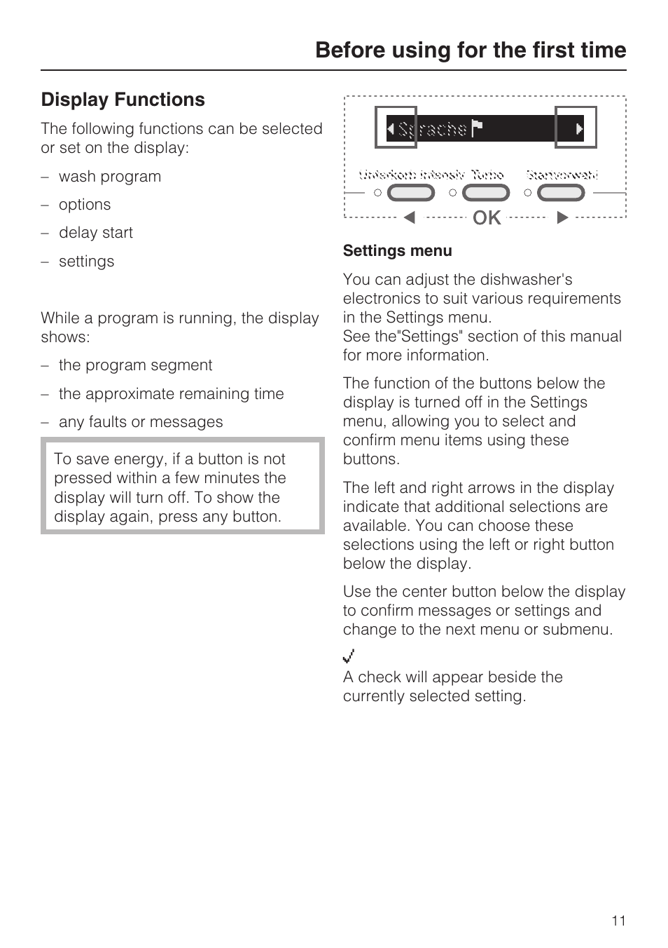 Display functions 11, Before using for the first time, Display functions | Miele G 5515 User Manual | Page 11 / 68
