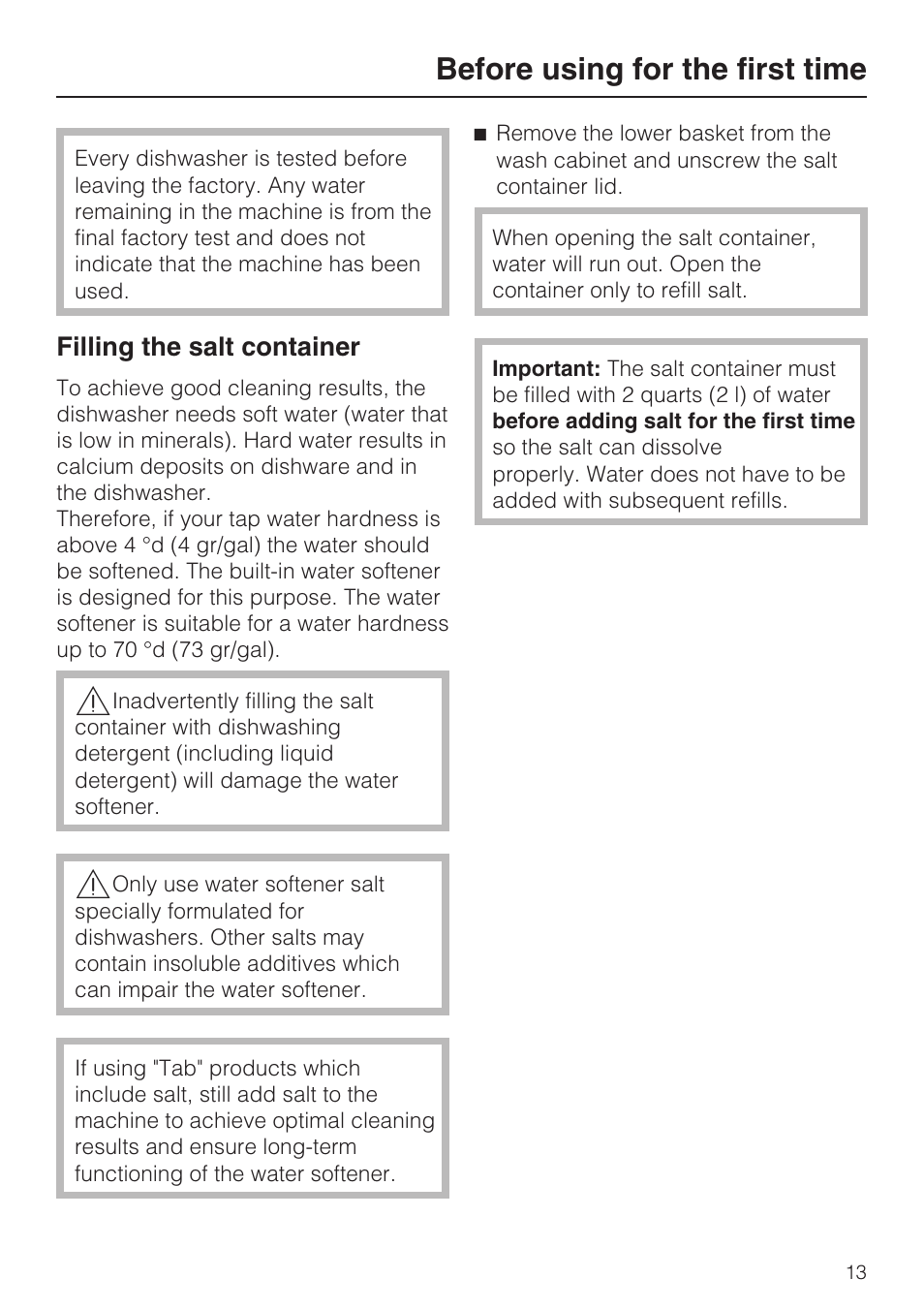 Filling the salt container 13, Before using for the first time | Miele G 5515 User Manual | Page 13 / 68