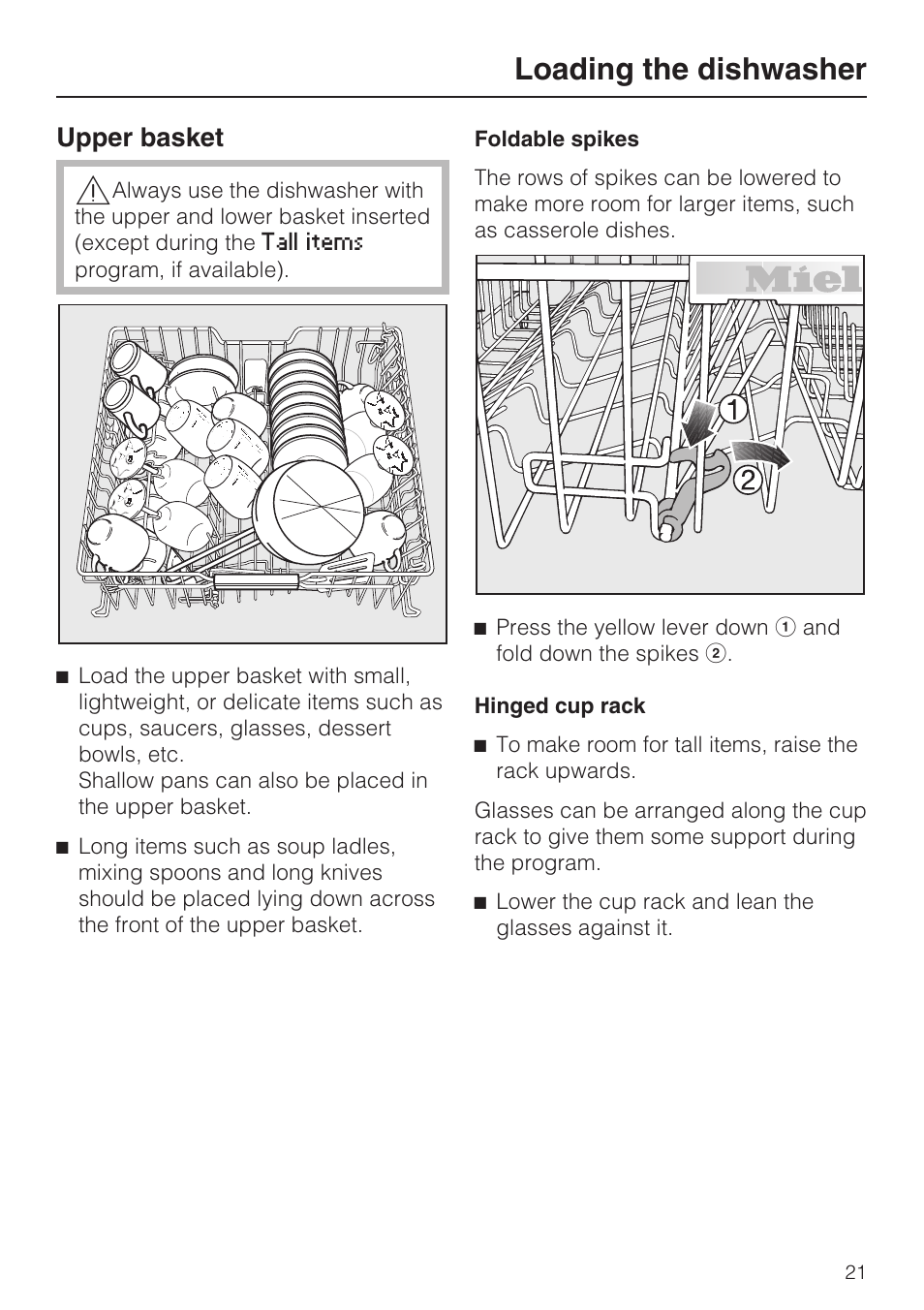 Upper basket 21, Loading the dishwasher, Upper basket | Miele G 5515 User Manual | Page 21 / 68