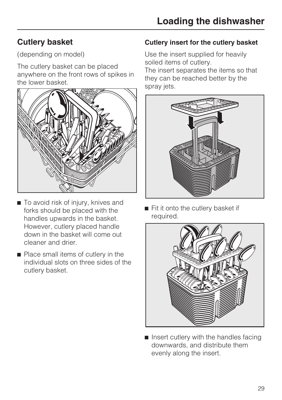 Loading the dishwasher, Cutlery basket | Miele G 5515 User Manual | Page 29 / 68
