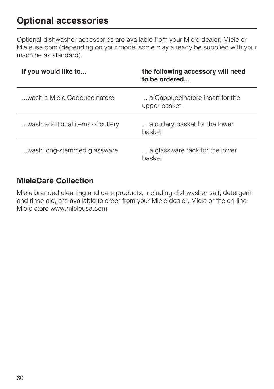 Optional accessories 30, Optional accessories, Mielecare collection | Miele G 5515 User Manual | Page 30 / 68