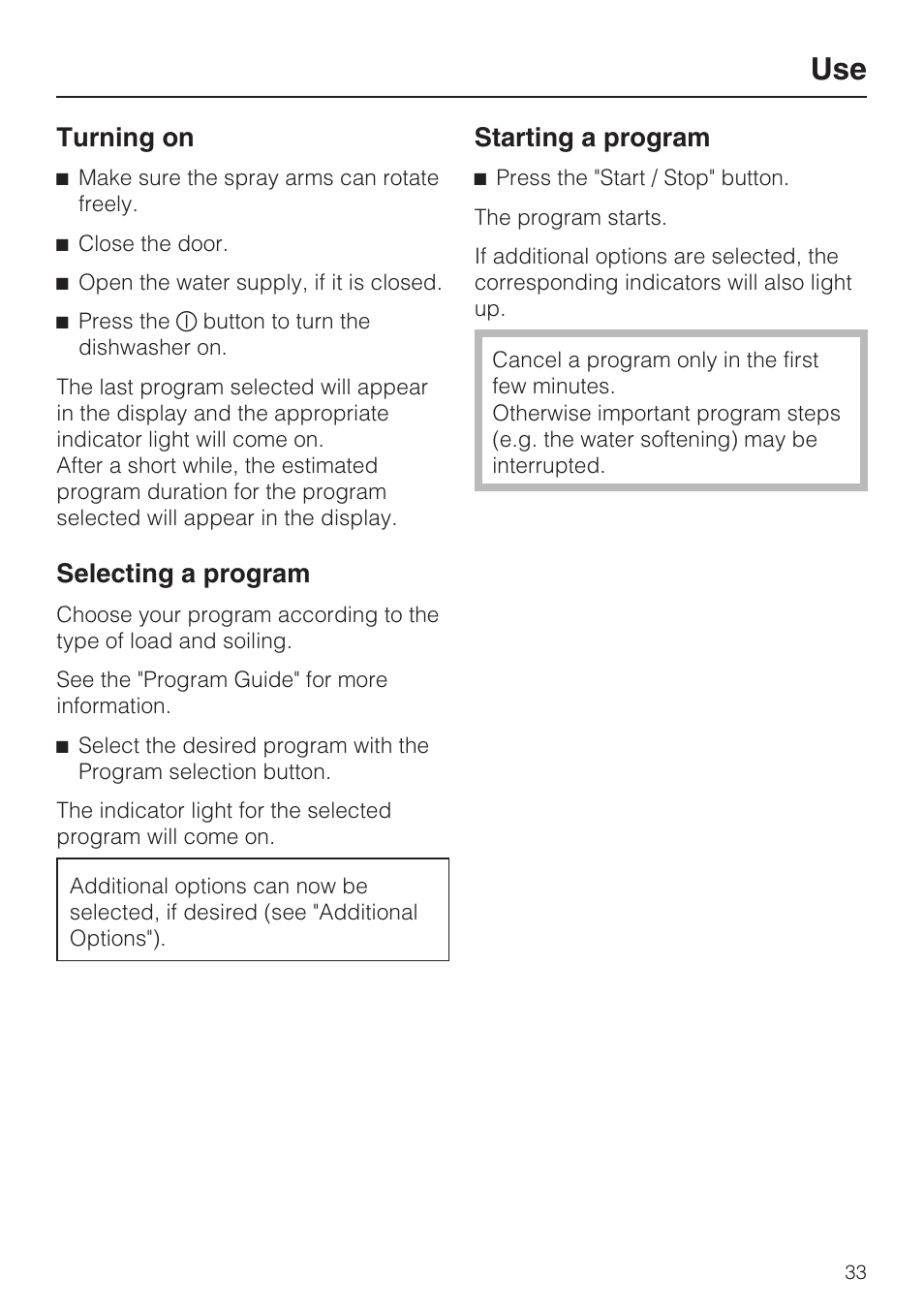Turning on 33, Selecting a program 33, Starting a program 33 | Turning on, Selecting a program, Starting a program | Miele G 5515 User Manual | Page 33 / 68