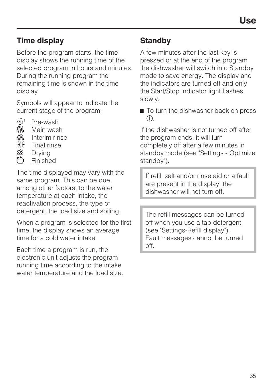 Use 35, Time display 35, Standby 35 | Time display, Standby | Miele G 5515 User Manual | Page 35 / 68