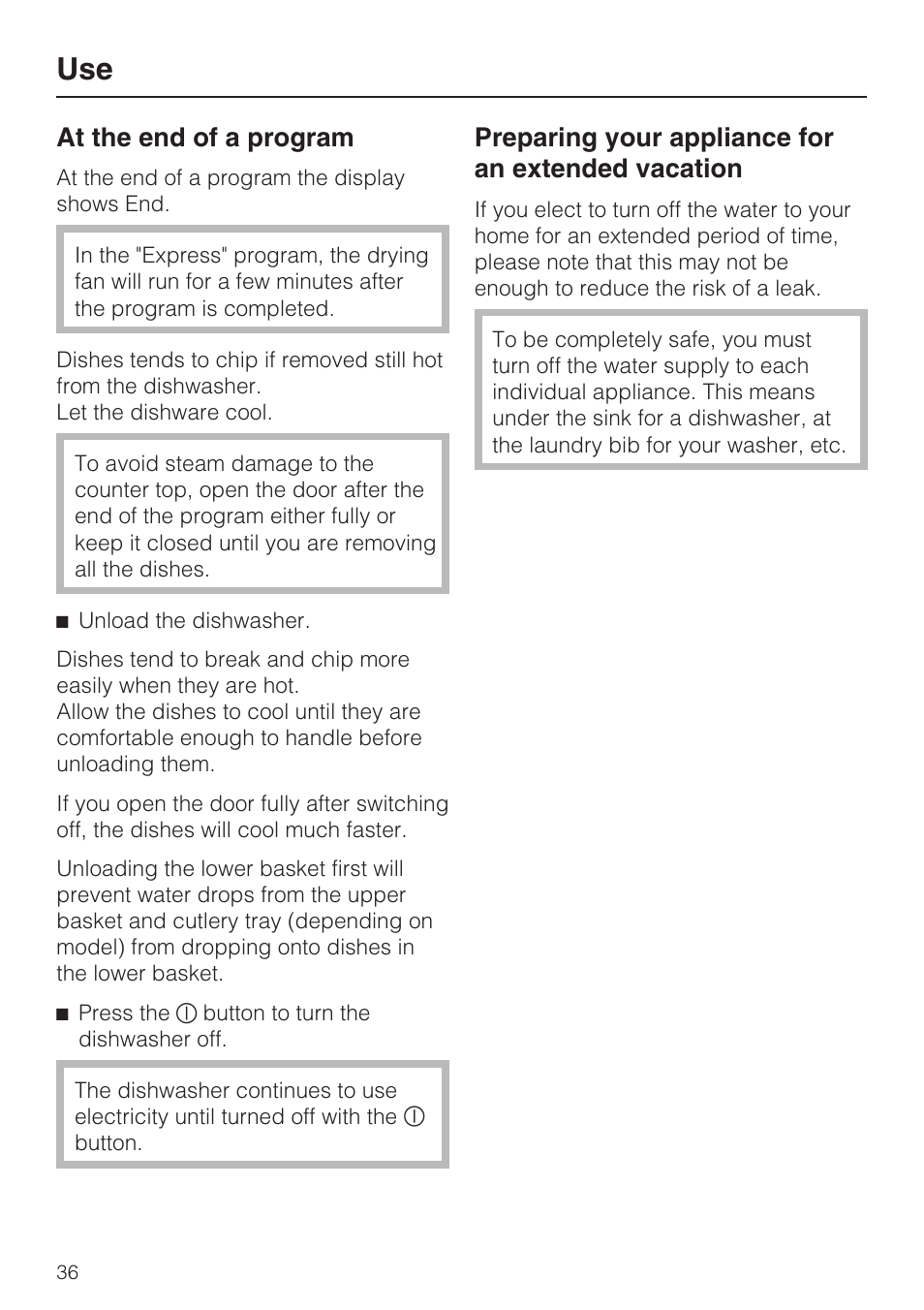 At the end of a program 36, At the end of a program, Preparing your appliance for an extended vacation | Miele G 5515 User Manual | Page 36 / 68