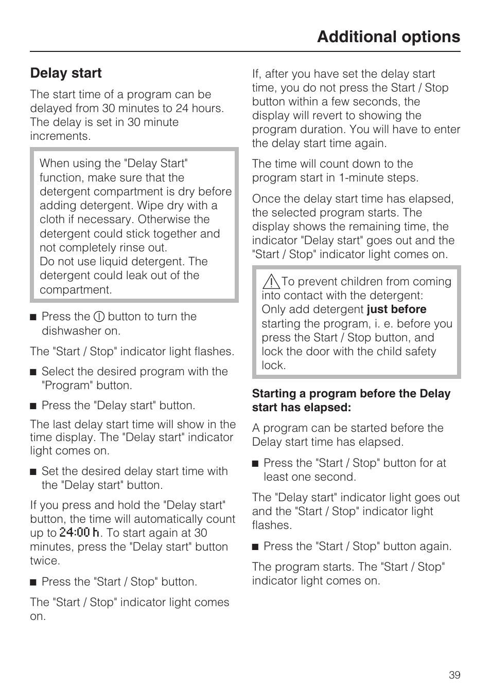 Delay start 39, Additional options, Delay start | Miele G 5515 User Manual | Page 39 / 68