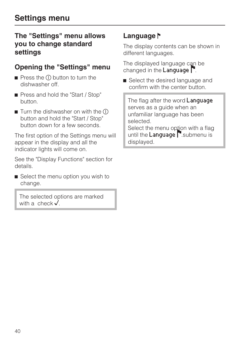 Settings menu 40, Opening the "settings" menu 40, Language ! 40 | Settings menu, Language | Miele G 5515 User Manual | Page 40 / 68
