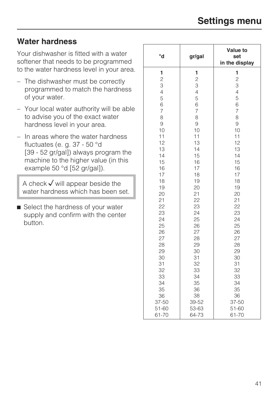 Water hardness 41, Settings menu, Water hardness | Miele G 5515 User Manual | Page 41 / 68