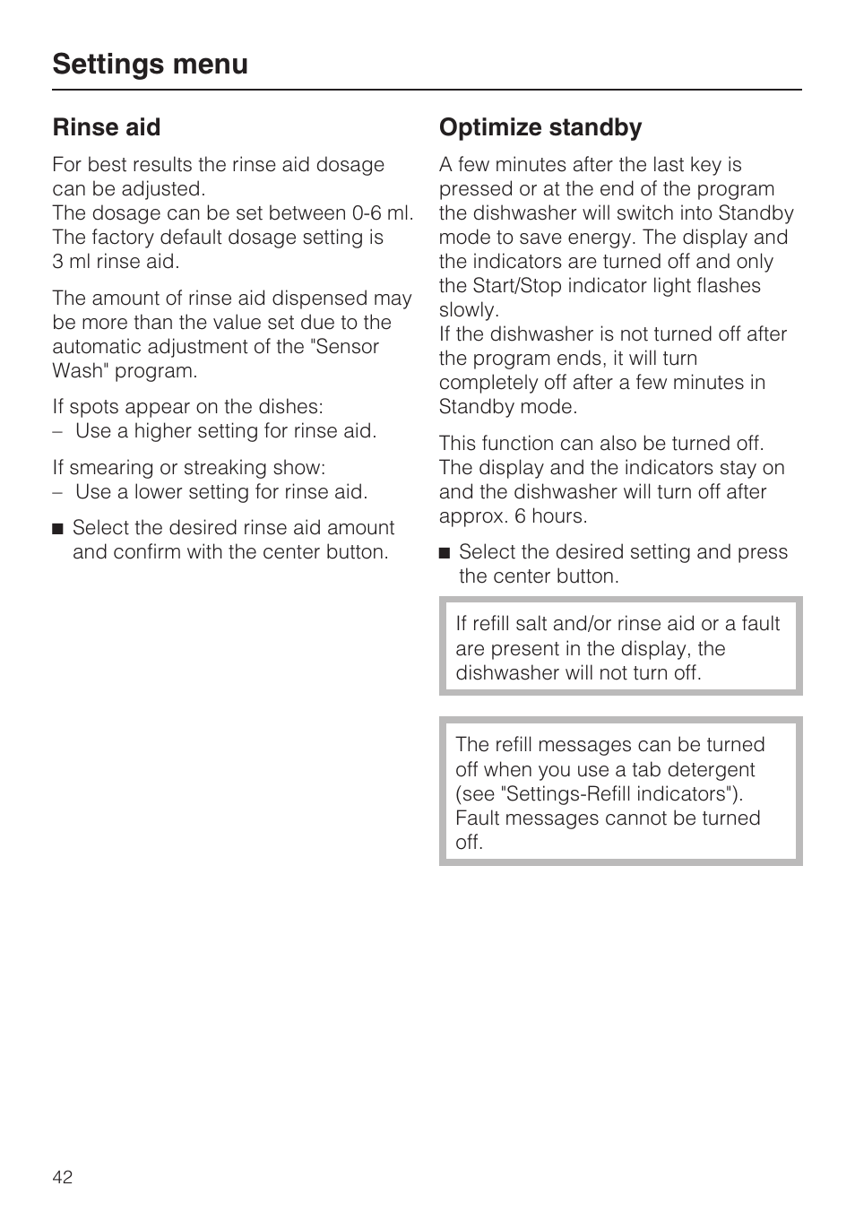 Rinse aid 42, Optimize standby 42, Settings menu | Rinse aid, Optimize standby | Miele G 5515 User Manual | Page 42 / 68