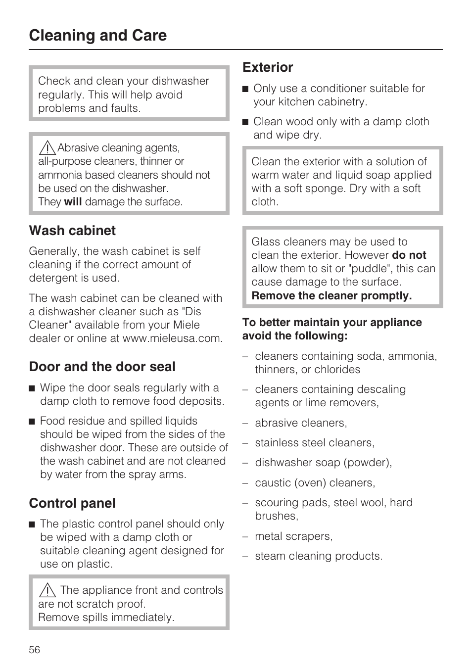 Cleaning and care 56, Cleaning and care, Wash cabinet | Door and the door seal, Control panel, Exterior | Miele G 5515 User Manual | Page 56 / 68