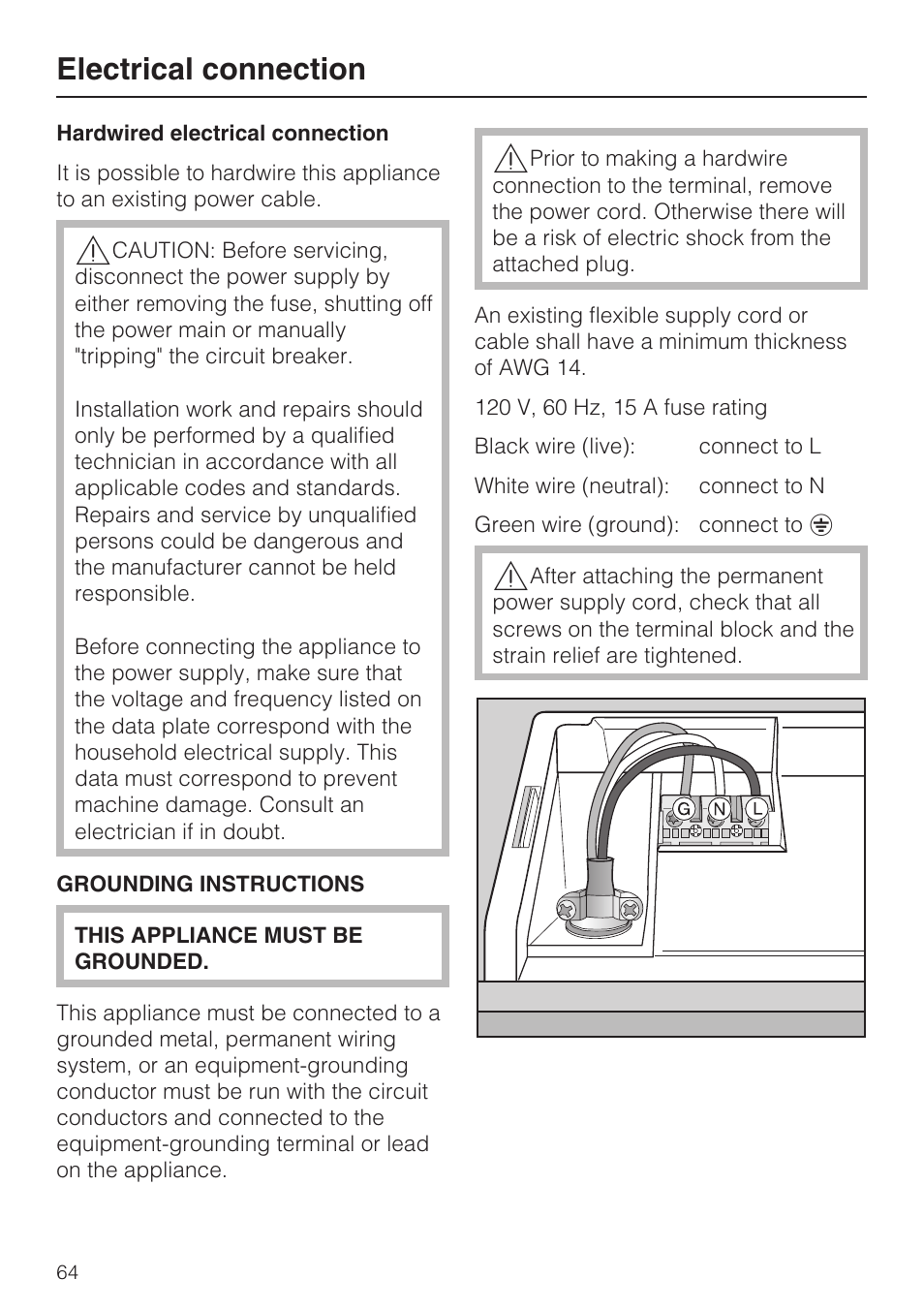 Electrical connection | Miele G 5515 User Manual | Page 64 / 68