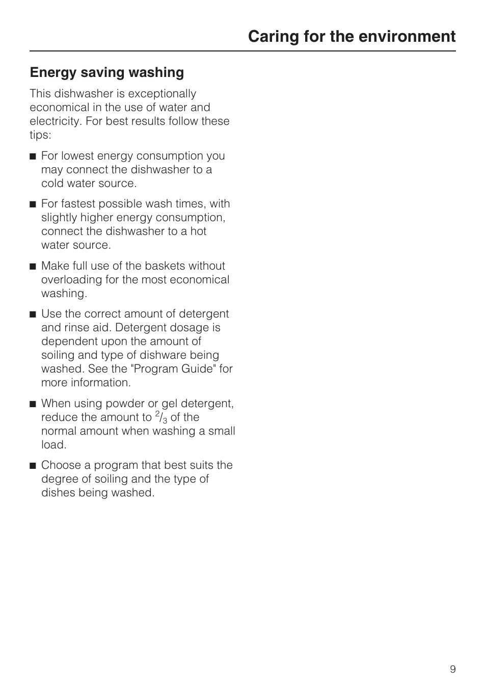 Caring for the environment 9, Caring for the environment, Energy saving washing | Miele G 5515 User Manual | Page 9 / 68