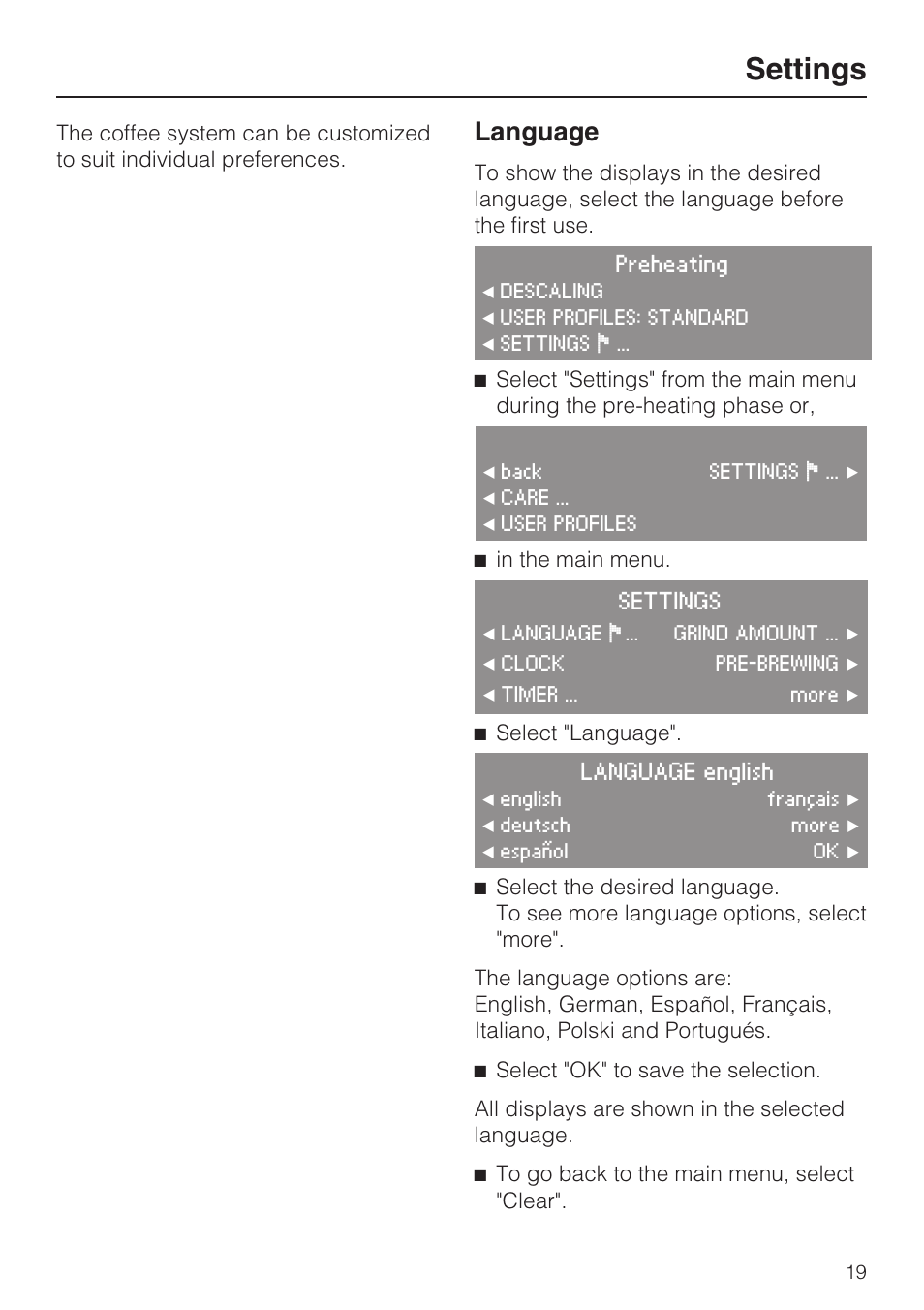 Settings 19, Language 19, Settings | Language | Miele CVA 4070 User Manual | Page 19 / 64