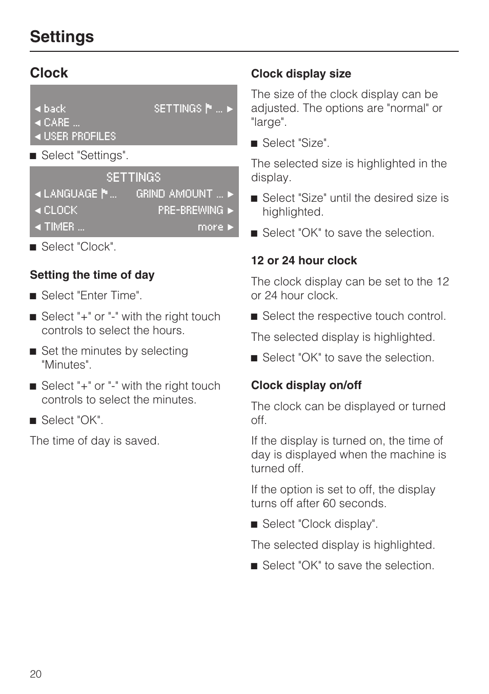 Clock 20, Settings, Clock | Miele CVA 4070 User Manual | Page 20 / 64