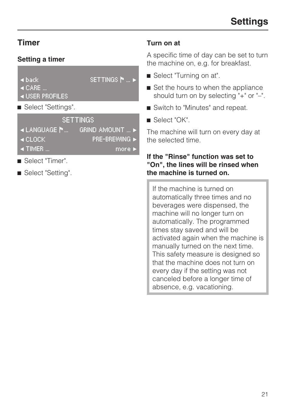 Timer 21, Settings, Timer | Miele CVA 4070 User Manual | Page 21 / 64