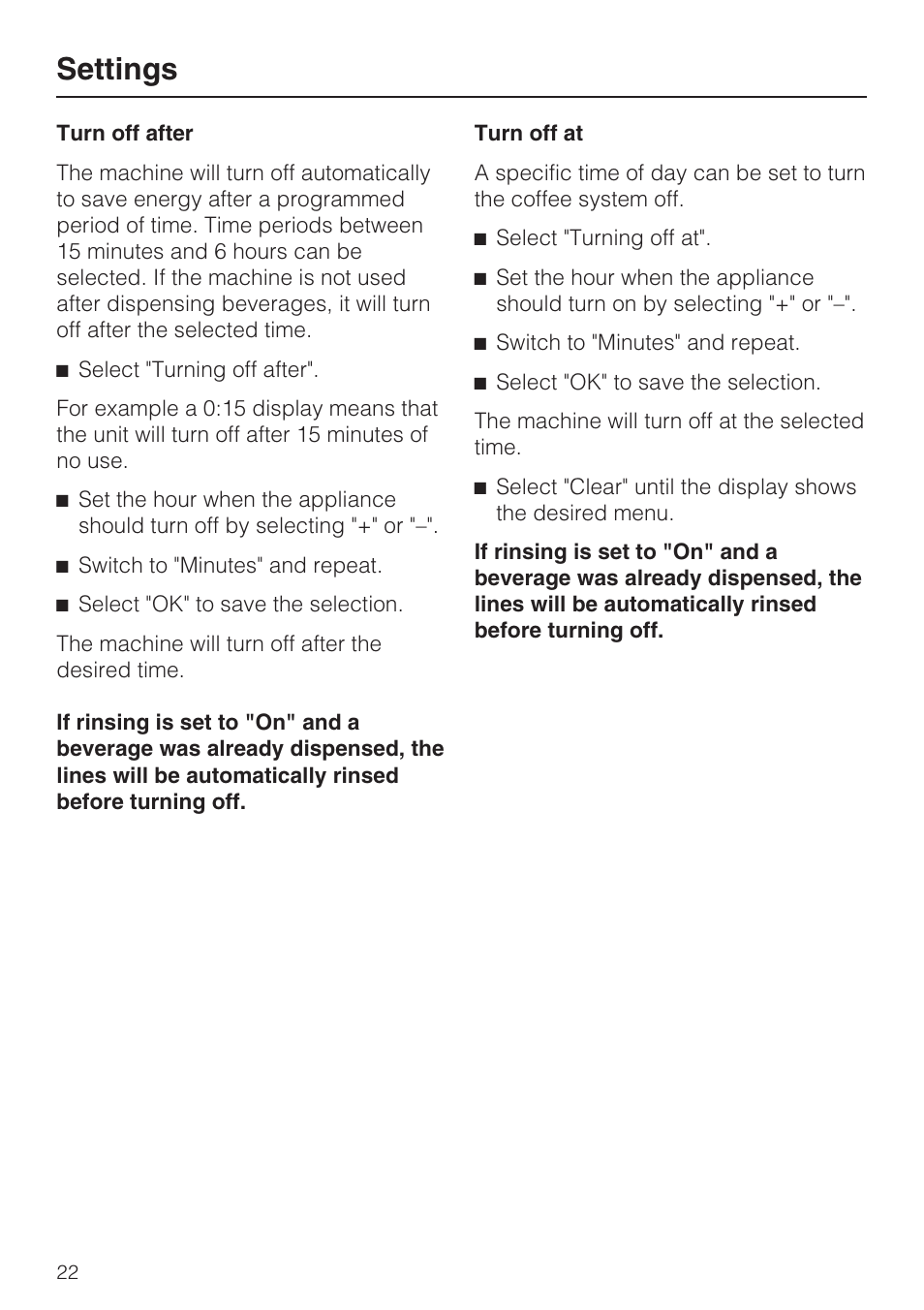 Settings | Miele CVA 4070 User Manual | Page 22 / 64