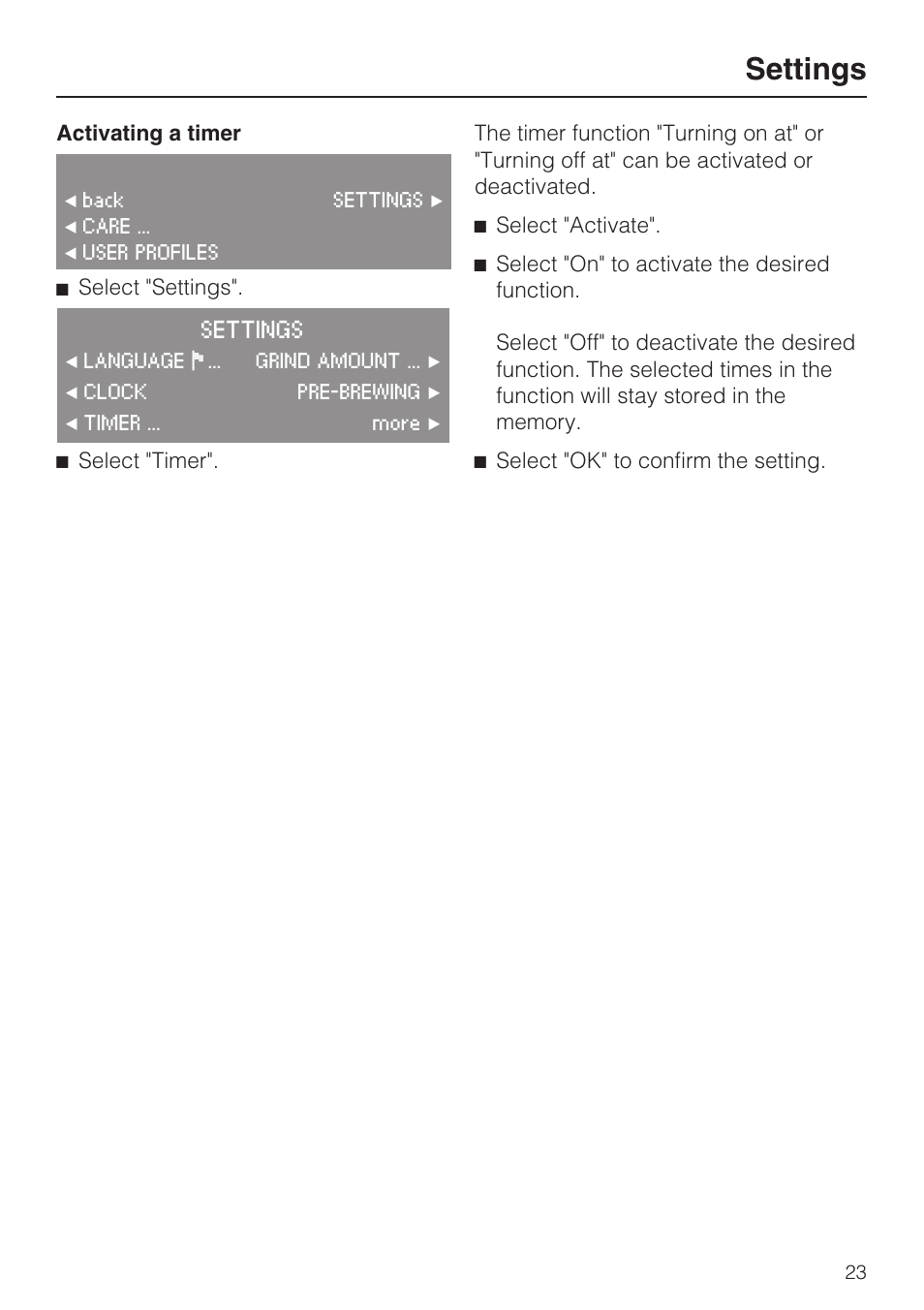 Settings | Miele CVA 4070 User Manual | Page 23 / 64