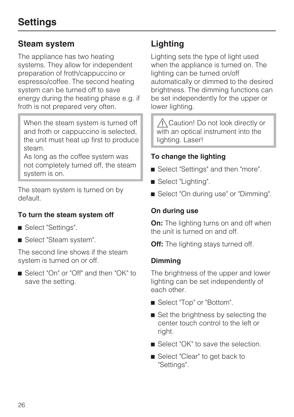 Steam system 26, Lighting 26, Settings | Steam system, Lighting | Miele CVA 4070 User Manual | Page 26 / 64