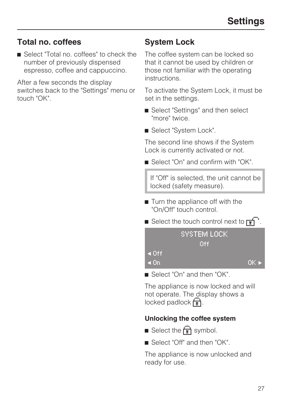 Total no. coffees 27, System lock 27, Settings | Total no. coffees, System lock | Miele CVA 4070 User Manual | Page 27 / 64