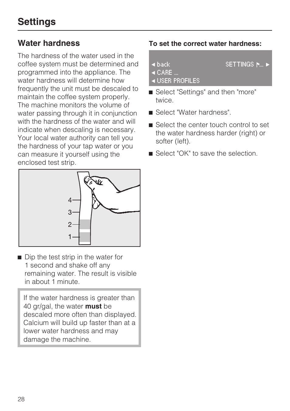 Water hardness 28, Settings, Water hardness | Miele CVA 4070 User Manual | Page 28 / 64