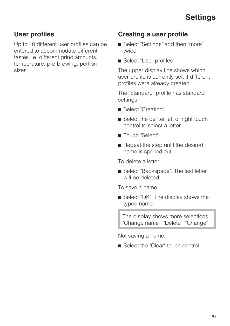 User profiles 29, Settings, User profiles | Creating a user profile | Miele CVA 4070 User Manual | Page 29 / 64