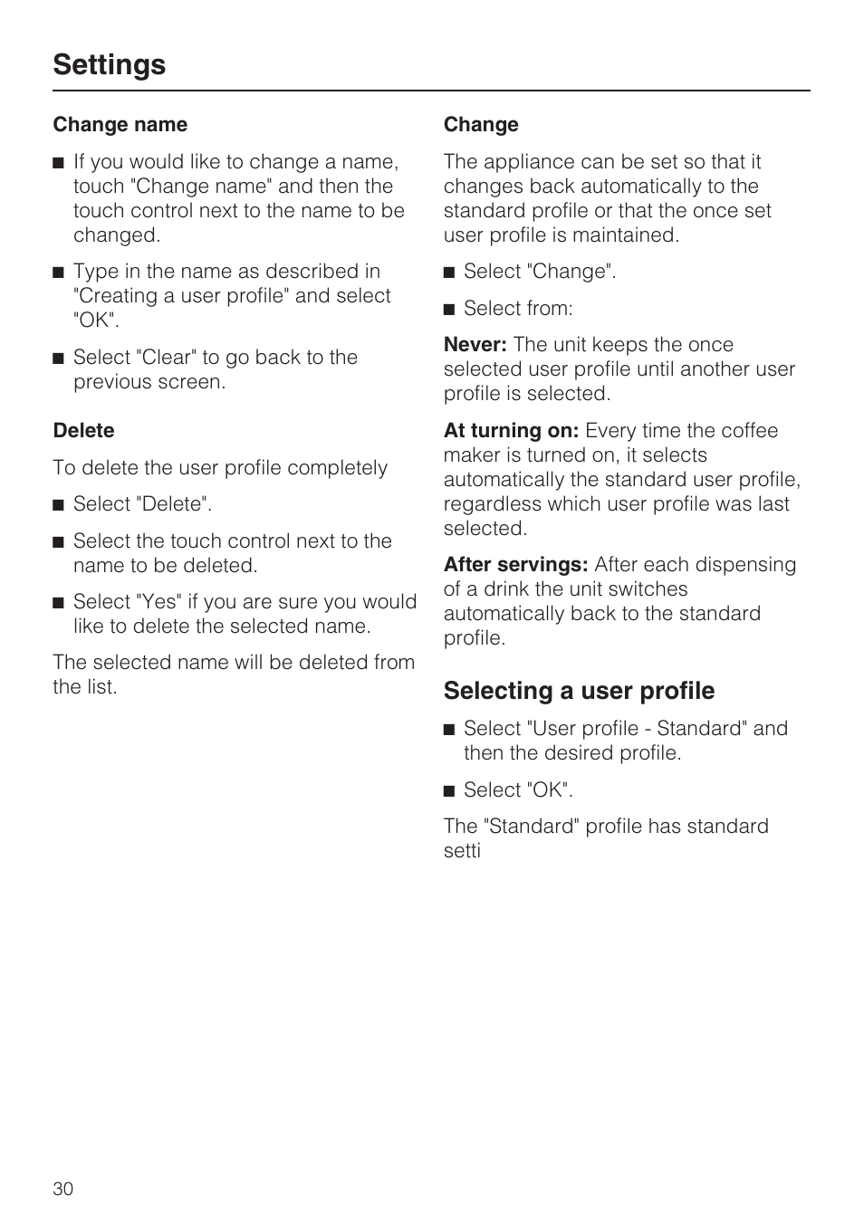 Settings, Selecting a user profile | Miele CVA 4070 User Manual | Page 30 / 64