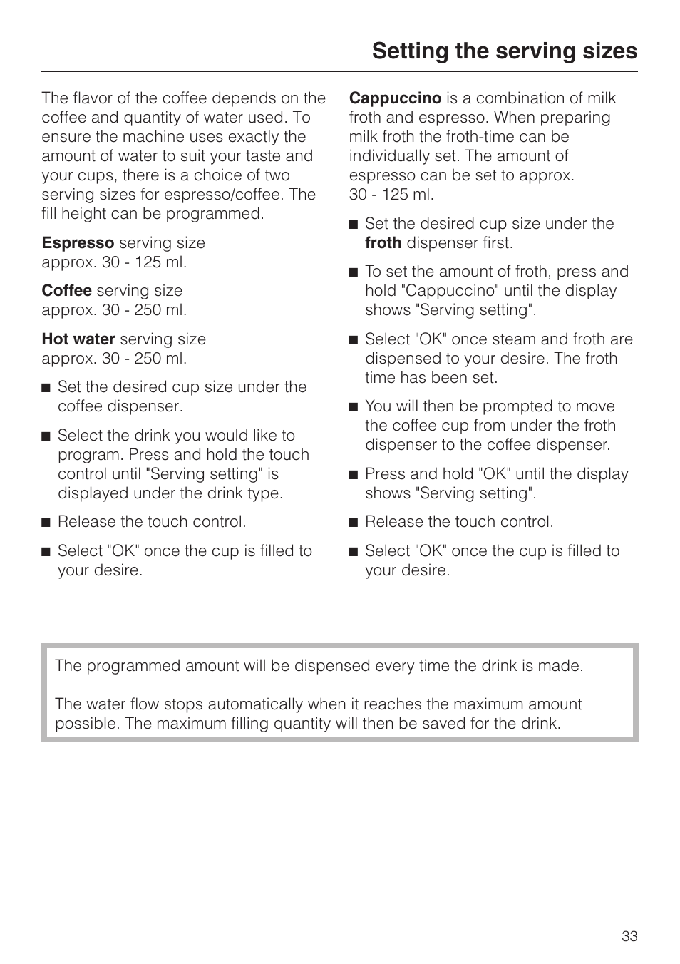 Setting the serving sizes 33, Setting the serving sizes | Miele CVA 4070 User Manual | Page 33 / 64