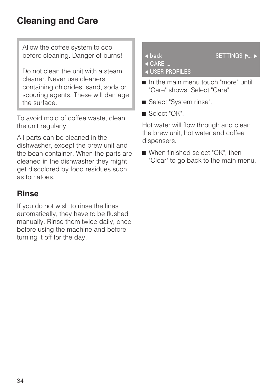 Cleaning and care 34, Cleaning and care, Rinse | Miele CVA 4070 User Manual | Page 34 / 64