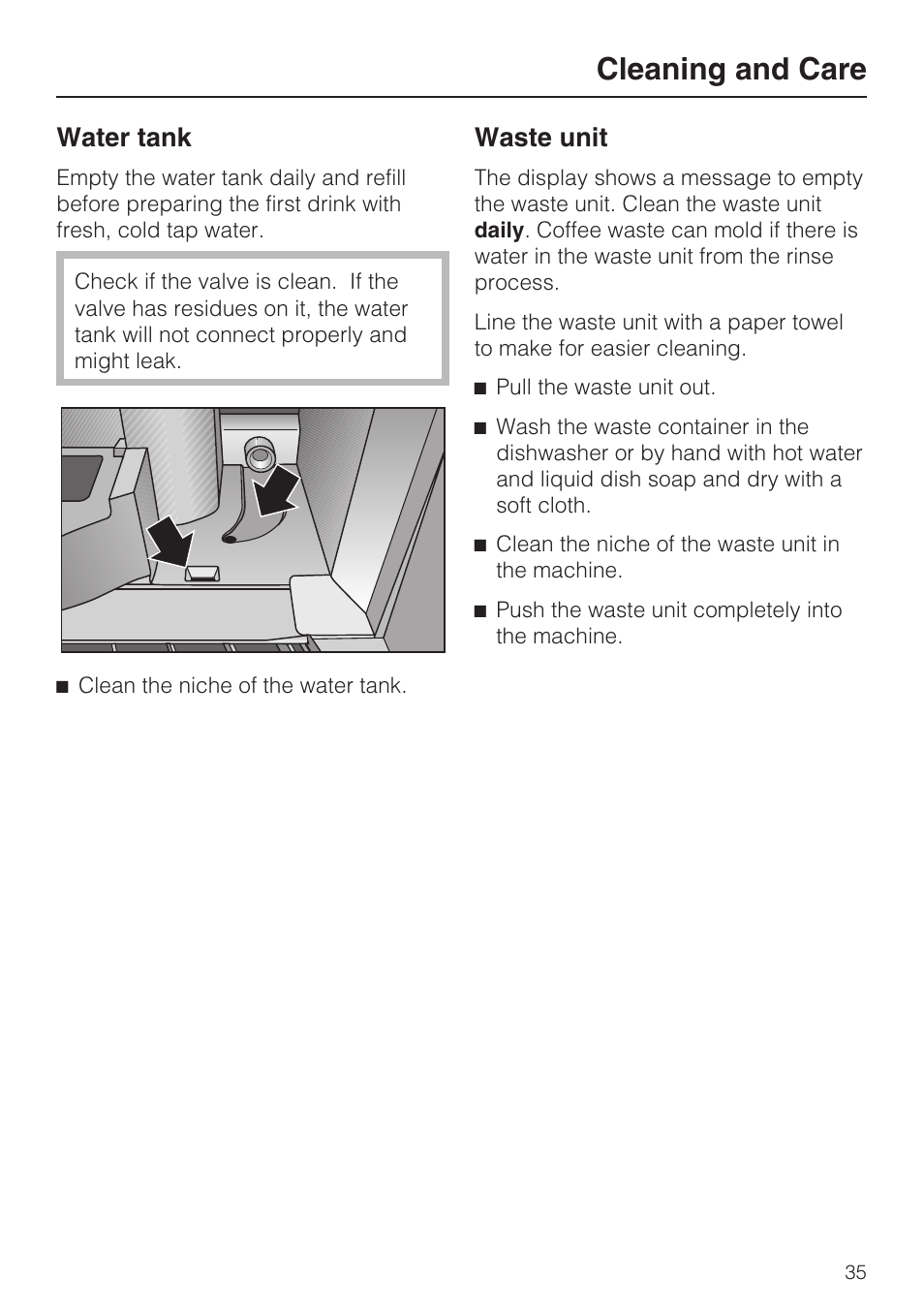 Cleaning and care, Water tank, Waste unit | Miele CVA 4070 User Manual | Page 35 / 64