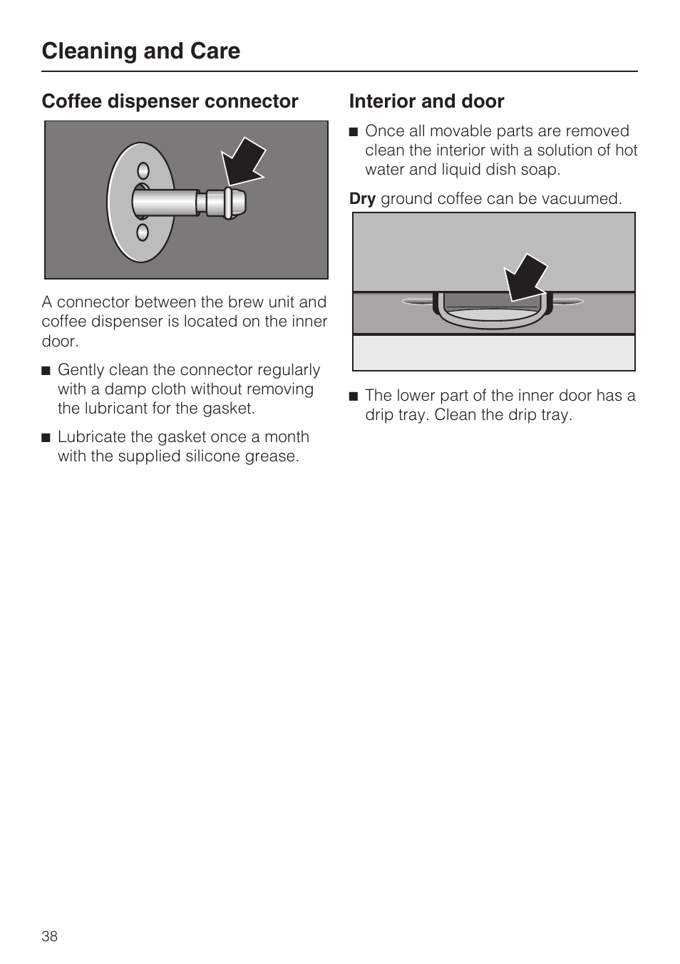 Cleaning and care, Coffee dispenser connector, Interior and door | Miele CVA 4070 User Manual | Page 38 / 64