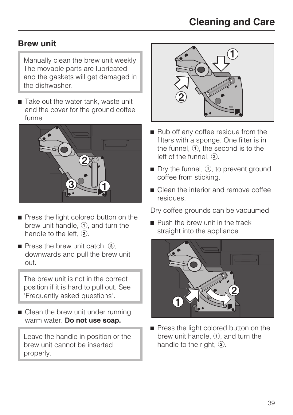 Cleaning and care, Brew unit | Miele CVA 4070 User Manual | Page 39 / 64