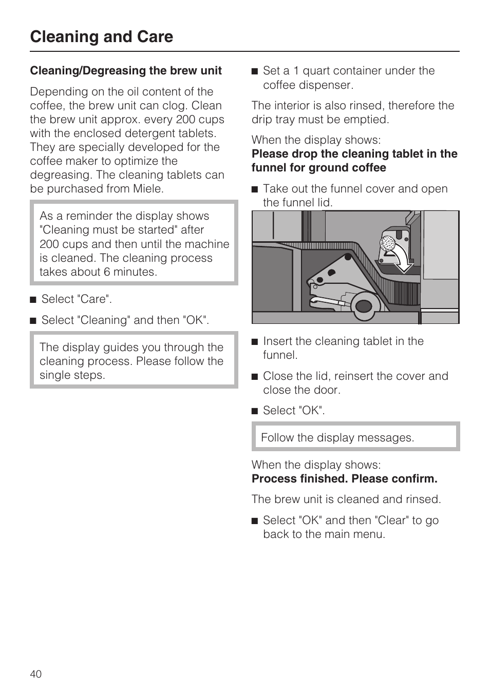 Cleaning and care | Miele CVA 4070 User Manual | Page 40 / 64
