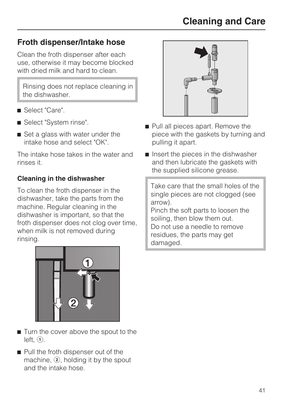 Cleaning and care, Froth dispenser/intake hose | Miele CVA 4070 User Manual | Page 41 / 64