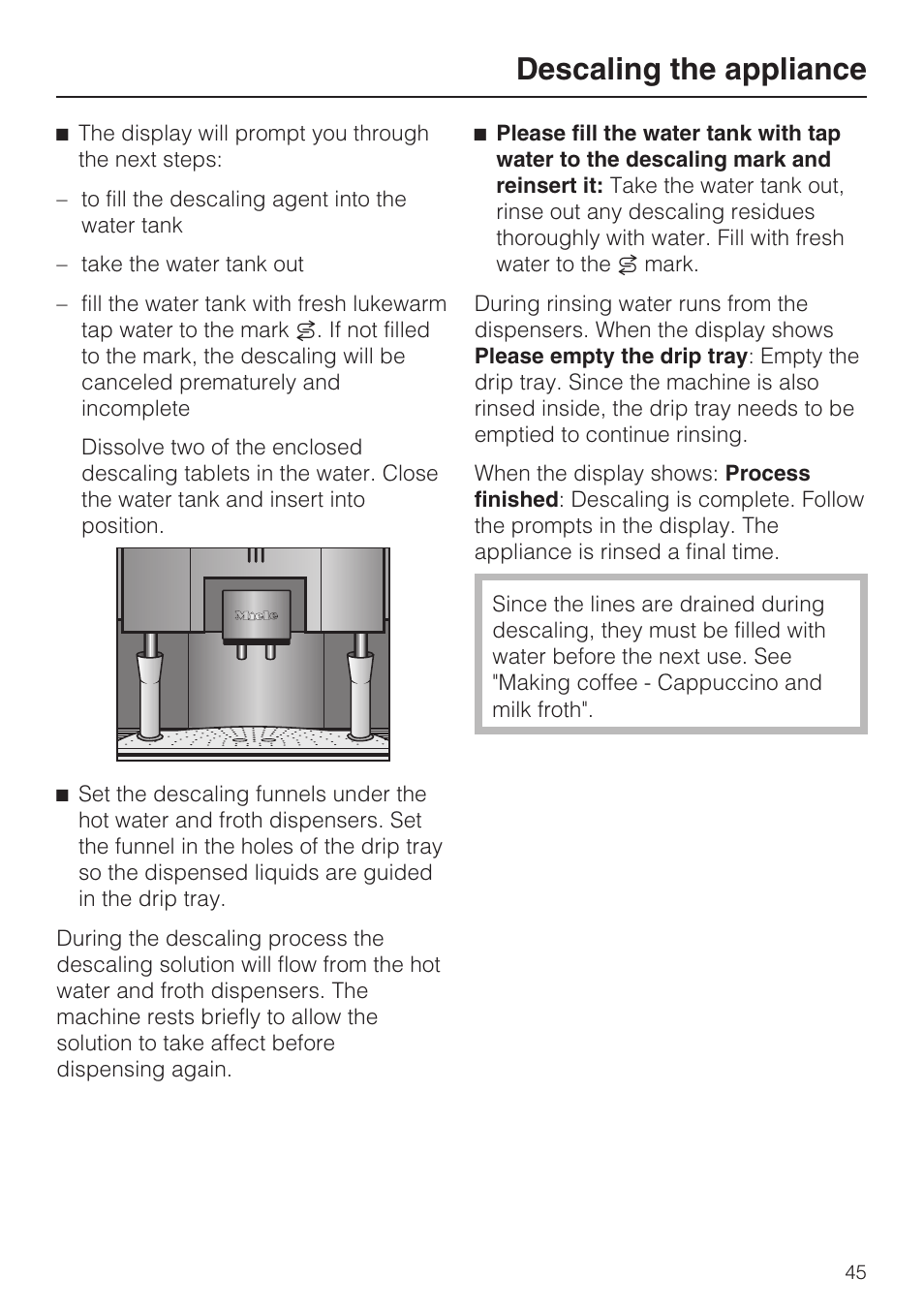 Descaling the appliance | Miele CVA 4070 User Manual | Page 45 / 64