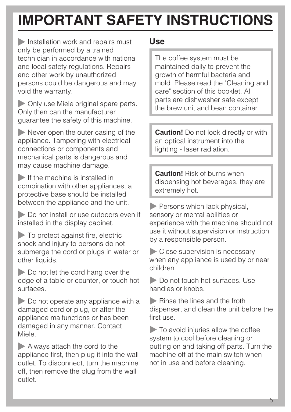 Important safety instructions | Miele CVA 4070 User Manual | Page 5 / 64