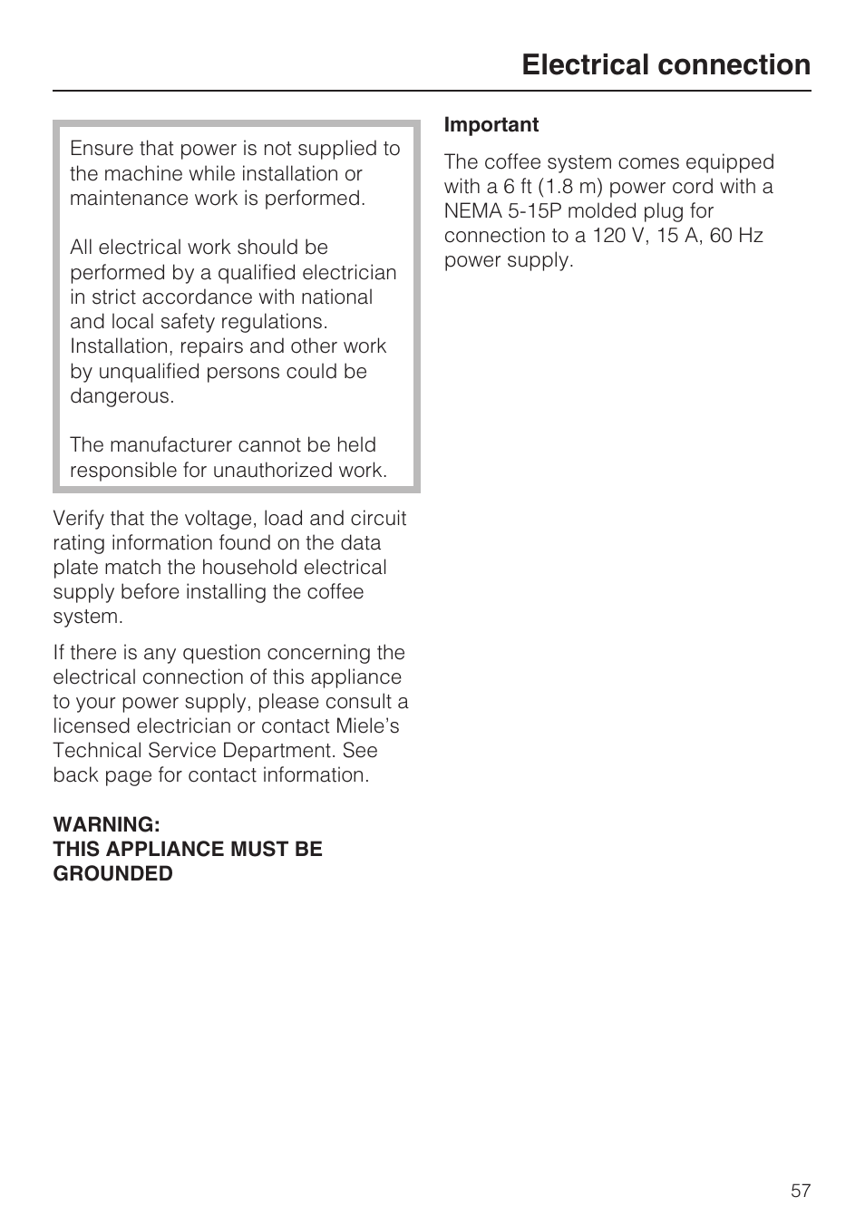 Electrical connection 57, Electrical connection | Miele CVA 4070 User Manual | Page 57 / 64