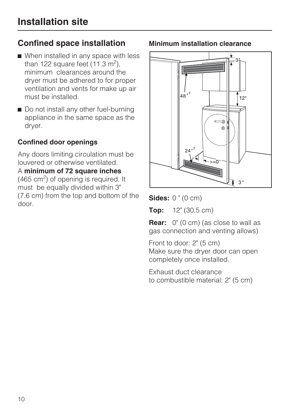 Installation site, Confined space installation | Miele T 9822 User Manual | Page 10 / 28