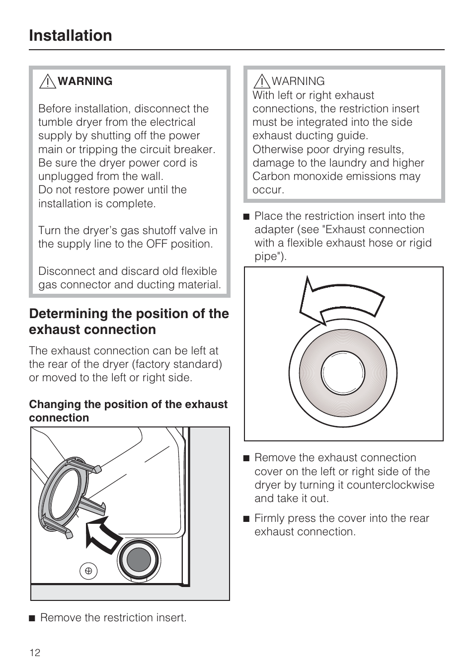 Installation, Determining the position of the exhaust connection | Miele T 9822 User Manual | Page 12 / 28