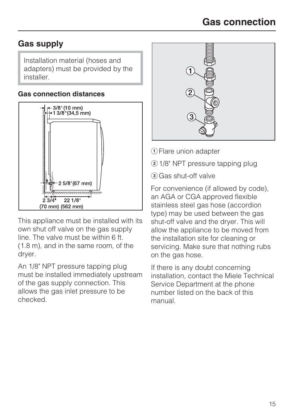Gas connection, Gas supply | Miele T 9822 User Manual | Page 15 / 28