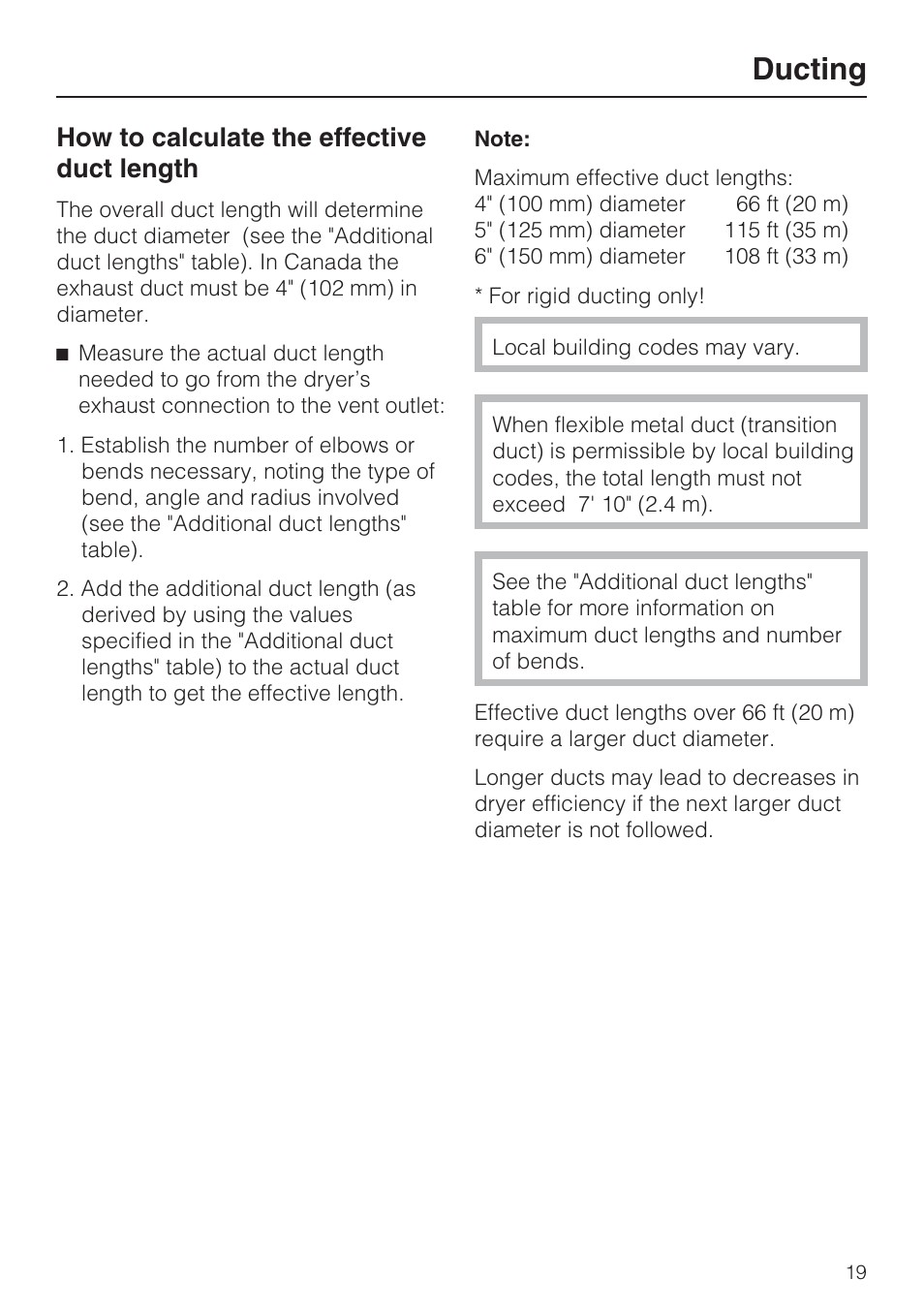 How to calculate the effective duct length 19, Ducting, How to calculate the effective duct length | Miele T 9822 User Manual | Page 19 / 28
