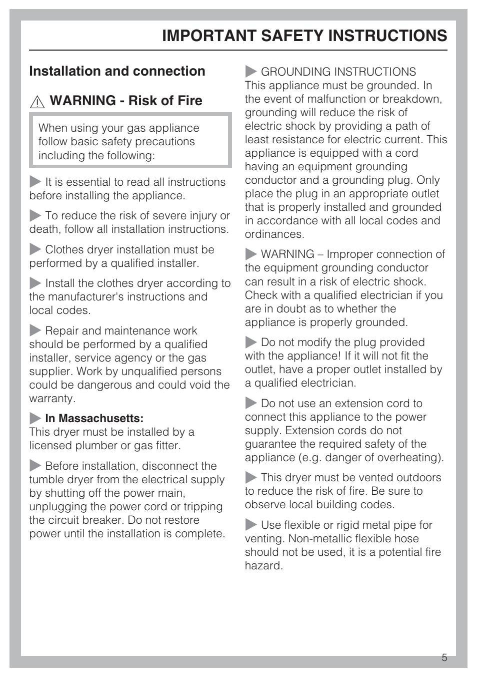 Important safety instructions 5, Important safety instructions | Miele T 9822 User Manual | Page 5 / 28