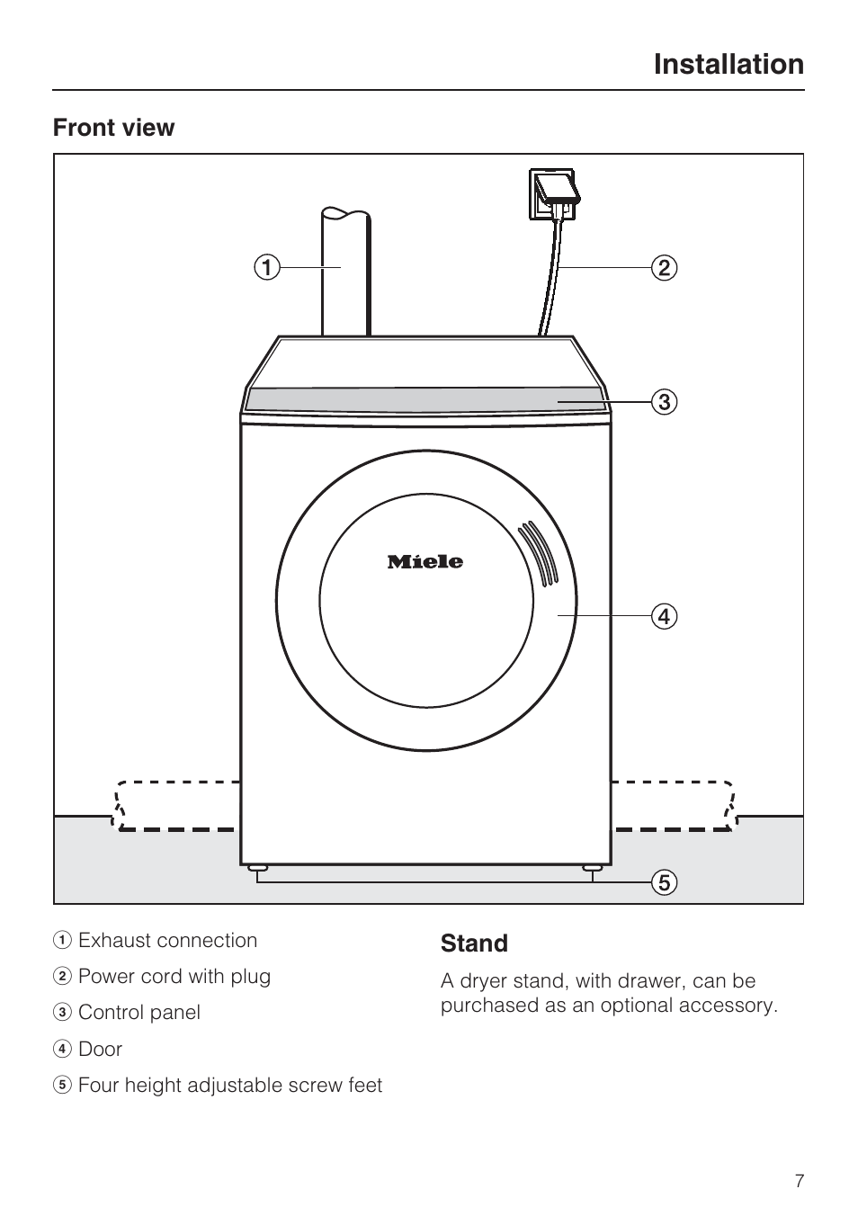 Installation 7, Stand 7, Installation | Miele T 9822 User Manual | Page 7 / 28