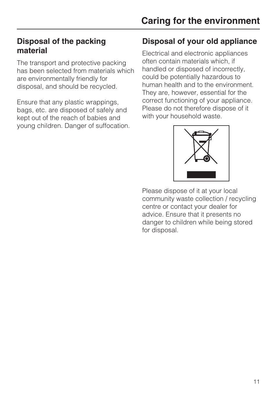Caring for the environment 11, Caring for the environment | Miele H 5961 B User Manual | Page 11 / 84