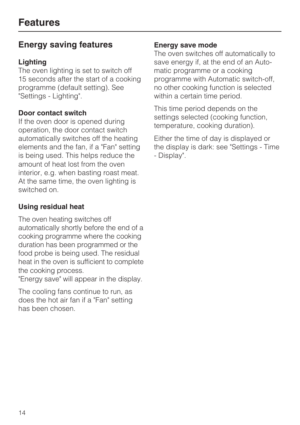 Energy saving features 14, Features, Energy saving features | Miele H 5961 B User Manual | Page 14 / 84