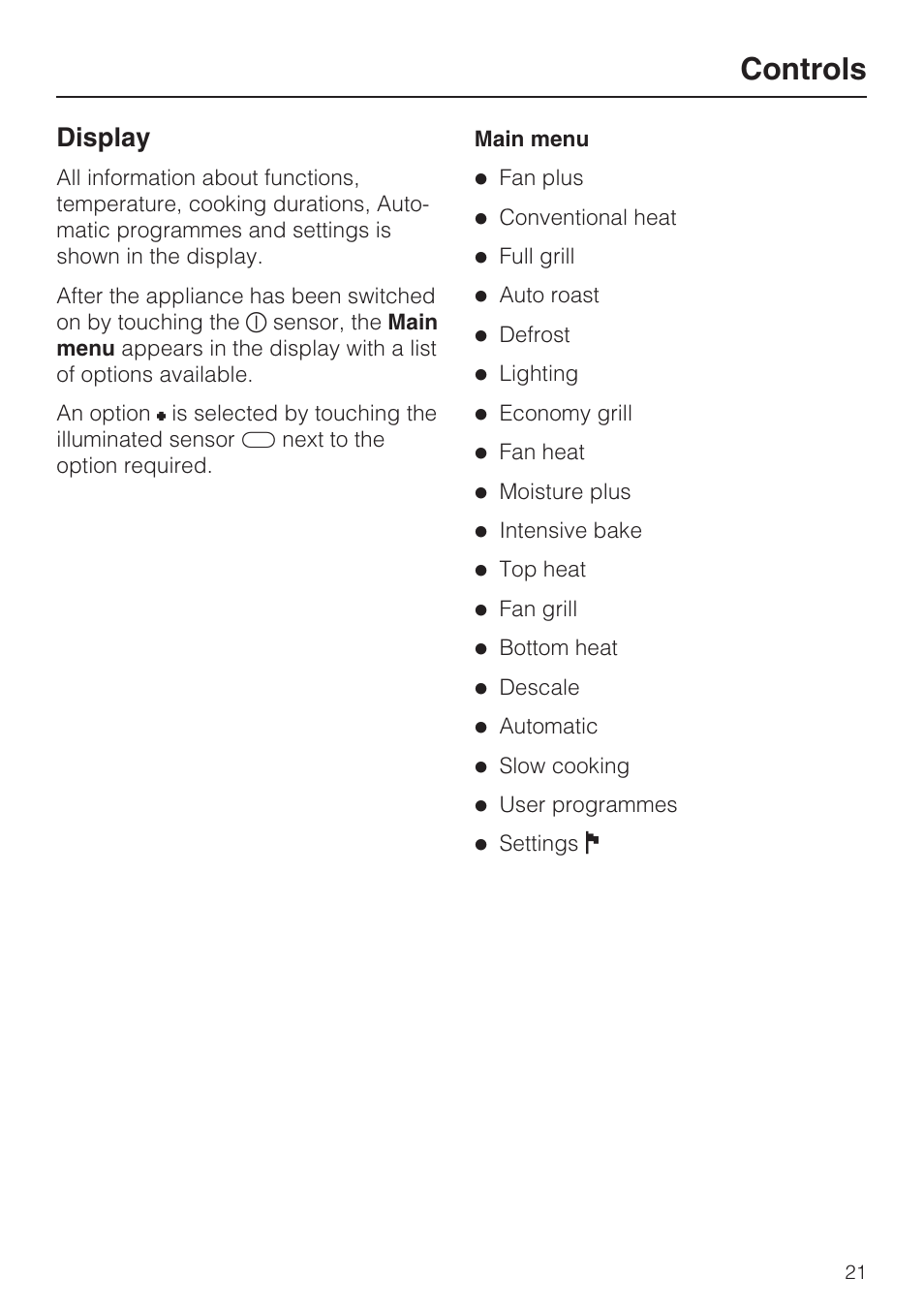 Display 21, Main menu 21, Controls | Display | Miele H 5961 B User Manual | Page 21 / 84