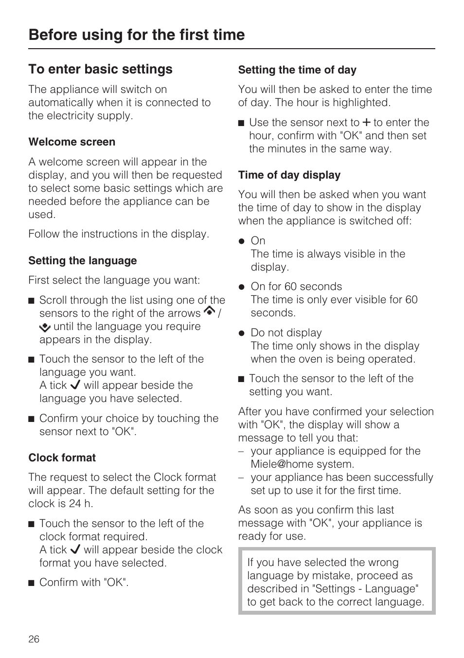 Before using for the first time 26, To enter basic settings 26, Before using for the first time | Miele H 5961 B User Manual | Page 26 / 84