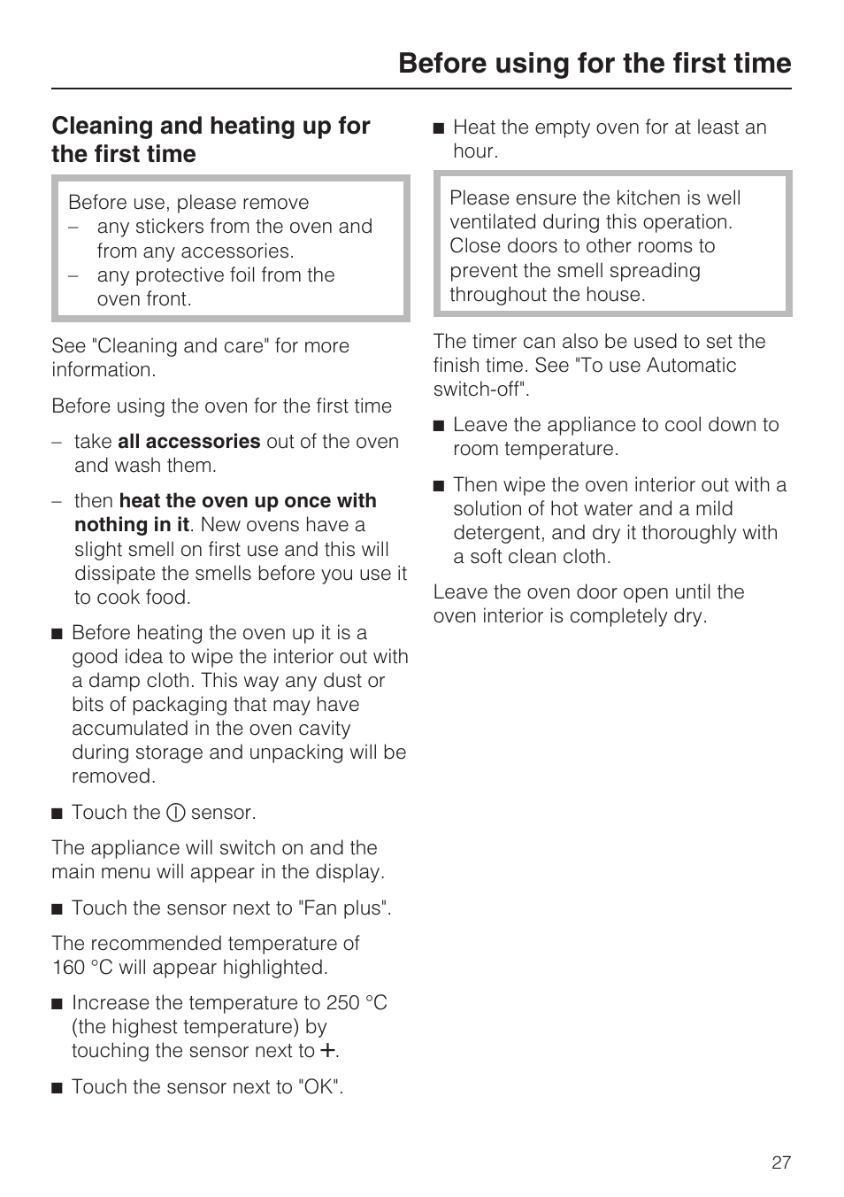 Cleaning and heating up for the first time 27, Before using for the first time, Cleaning and heating up for the first time | Miele H 5961 B User Manual | Page 27 / 84