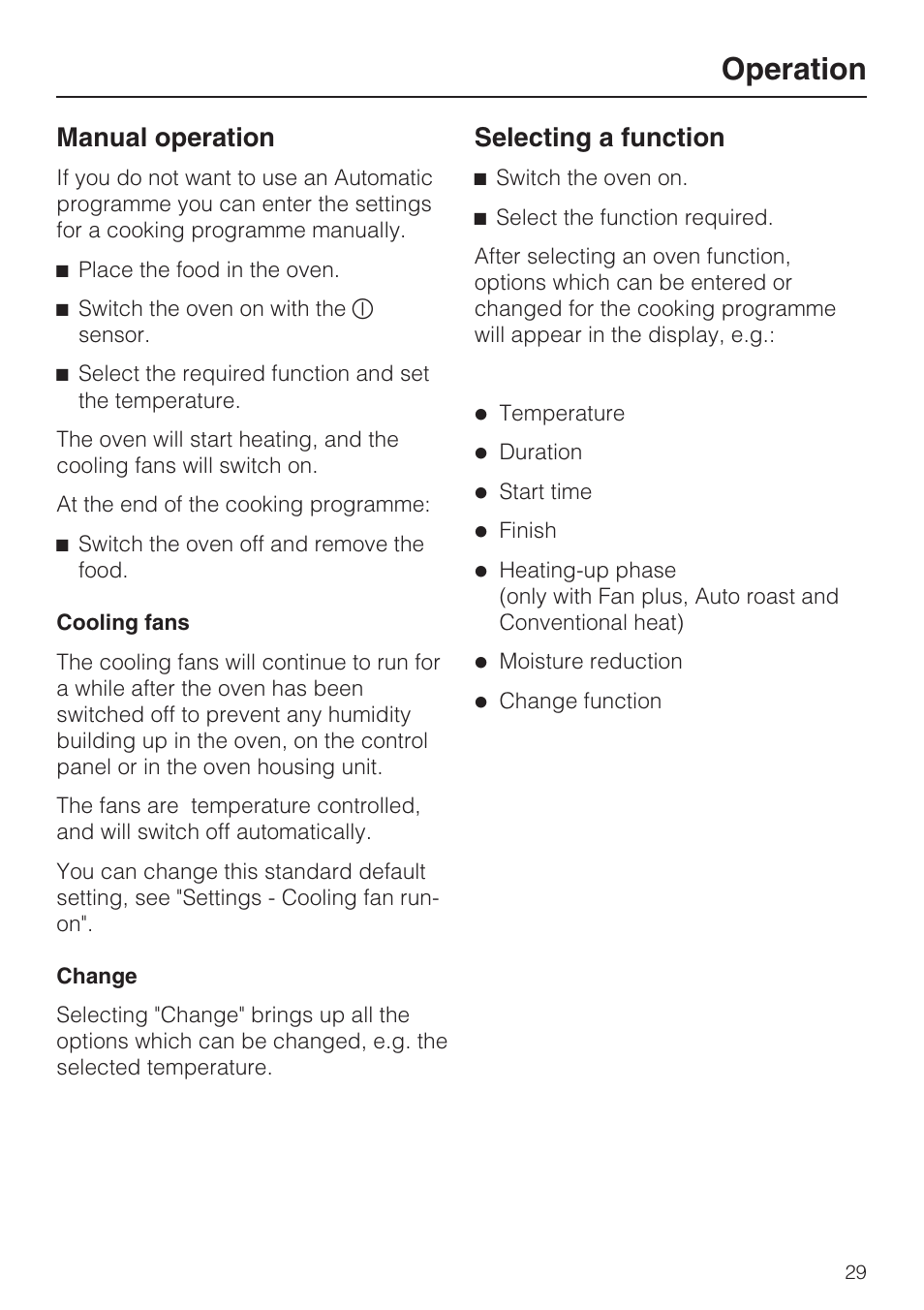 Manual operation 29, Selecting a function 29, Operation | Manual operation, Selecting a function | Miele H 5961 B User Manual | Page 29 / 84